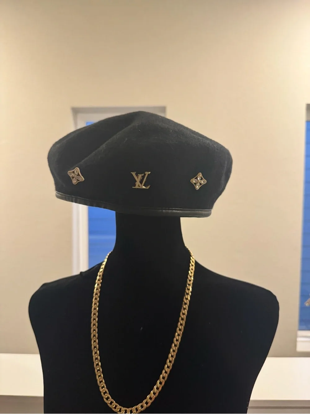 Black Wool Beret with Faux Leather Trim and Gold Chain Accent - Women’s Hat